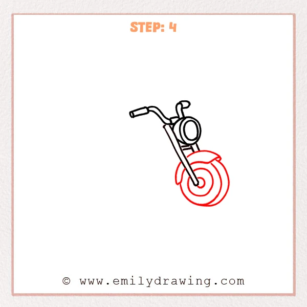 how to draw a cartoon motorcycle - Cartoon motorcycle drawing now includes a front wheel with inner hub circle and a curved fender over the top of the tire.